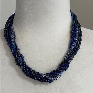 Midnight Sapphire Blue Multi Strand Seed Beaded Twisted Bohemian Navy Necklace